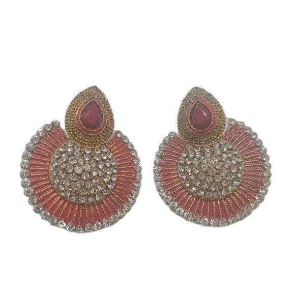 Large statement Earrings Round Enamal Rhinestones Dangle Belly Dance Pierced - Picture 1 of 8